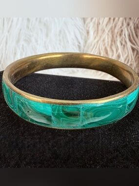 Vintage Brasstone Green Malachite Inlay Bangle Bracelet